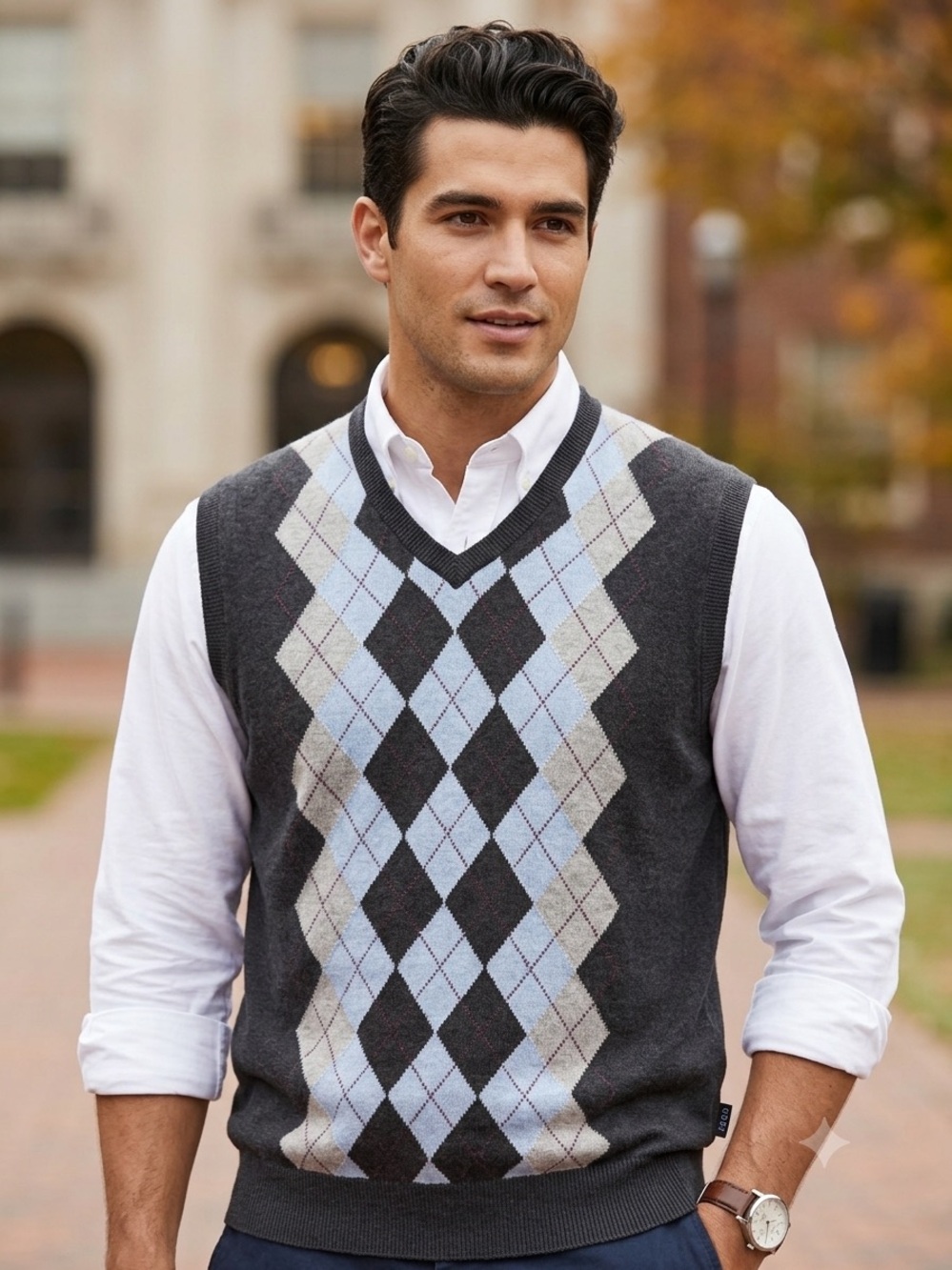 IZOD Vintage Argyle Sweater Vest - Men's L / Large Grey Blue 100% Cotton
